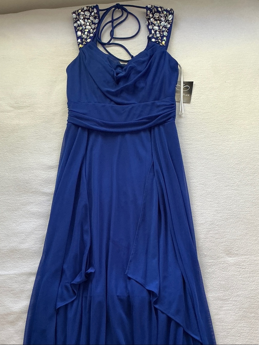 Beaded Shoulder Cowl Neck Maxi Dress in Royal Blue